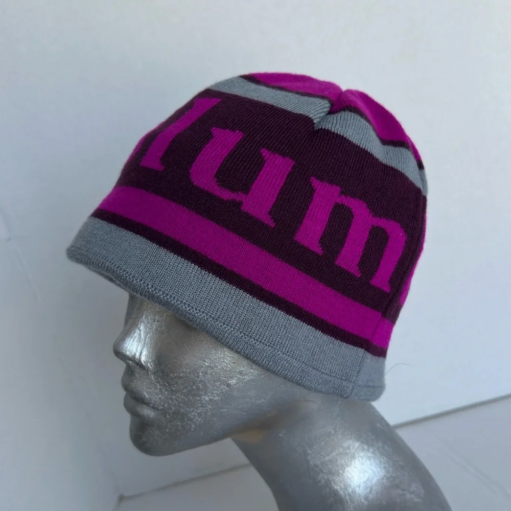 Columbia Omni Heat Lined Beanie Hat Purple Gray Stripe Winter Ski Hiking Cap
